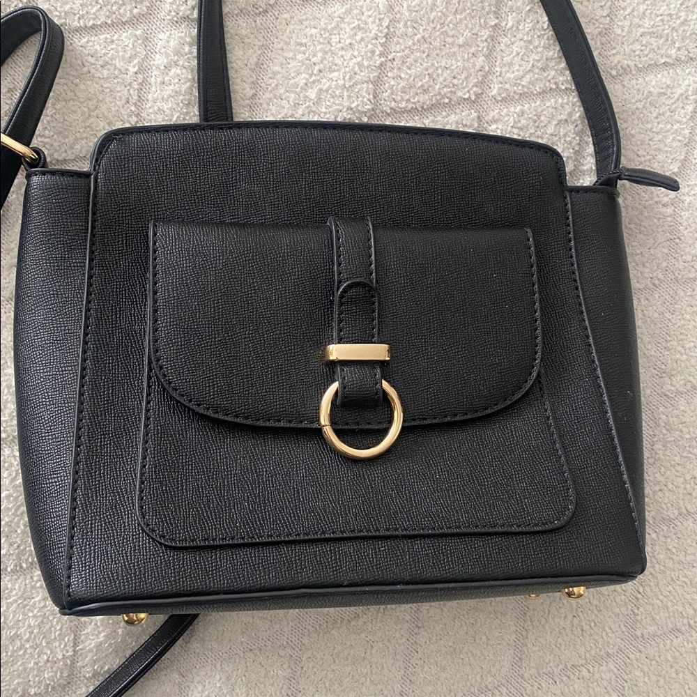 Black Crossbody Bag with Gold Buckle